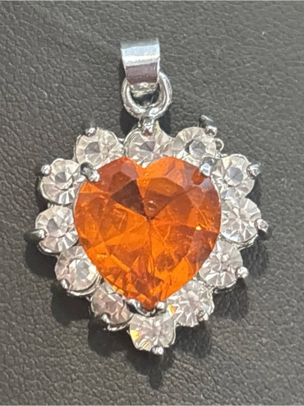 18k GP Orange Heart Pendant Necklace Sparkly CZ Halo Statement Charm Gold Plated